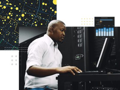 Professional analyzing data at a workstation, overlaid with digital maps and charts that illustrate geospatial insights informing enterprise strategy