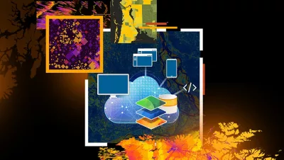 An abstract icon representing data from different sources being added to the cloud, overlaid with several colorful maps in yellows and purples