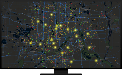 A dark grey map with bright yellow dots and blue lines