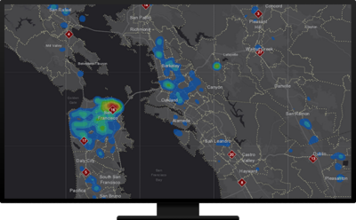 Dark grey map of San Francisco, Oakland, and San Rafael with blue, green, yellow, and red shaded areas