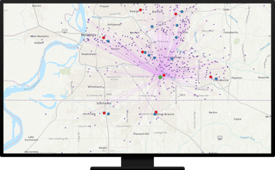 A beige map that has a green dot in the middle with purple lines radiating out of it