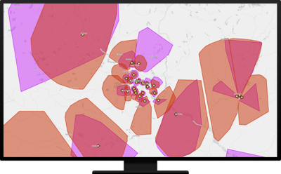 A beige map with large areas shaded red, orange, and purple