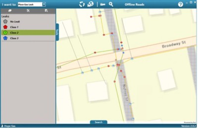 A map with blue and orange lines on a white background with information boxes on the left and right
