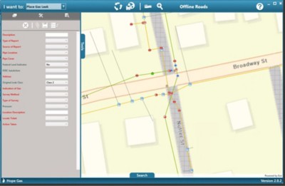 A map interface displays streets and buildings, with colored markers and lines indicating gas lines and potential leaks