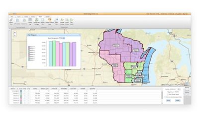 A desktop display of a multicolored state map with districts shaded different colors, overlaid with menus of analysis options and bar graphs