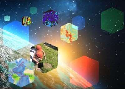 Illustration mit verschiedenen Geodaten- und GIS-Anwendungen in schwebenden Hexagonen über der Erde, darunter Karten, Fernerkundungsdaten, Stadtmodelle und Felddatenerfassung.