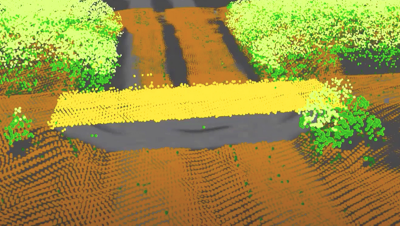 A point cloud with orange, green, and yellow points depicts bushes along a pathway in 3D. 