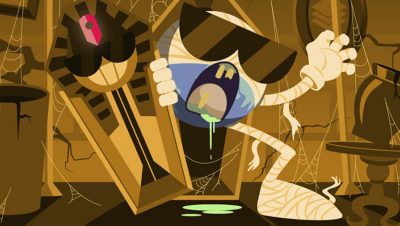 Drawing of Esri mascot Globie bursting out of a coffin and showing his fangs