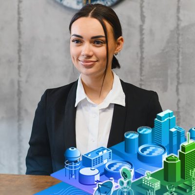 Smiling person in a jacket and open-neck shirt and a layered 3D model of a city