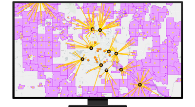 A graphic of a computer monitor displaying points on a map with connecting lines between them in yellow and purple