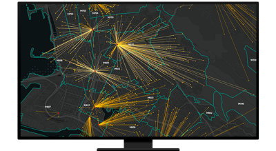 A graphic of a computer monitor displaying a connections map in gold and green on a gray background