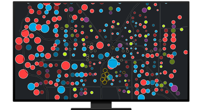 A graphic of a computer monitor displaying a concentration map in red and blue on a black background