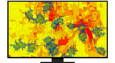 A map with areas shown in blue and red on a yellow background