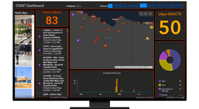 A graphic of a computer monitor displaying an OSINT dashboard with a map, charts, and various points of information