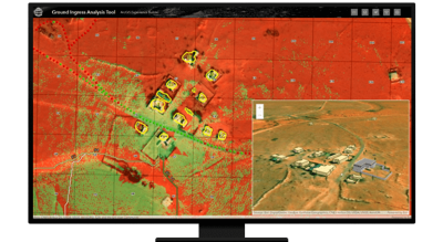 A graphic of a computer monitor displaying a contour map in red and green with structures outlined in yellow