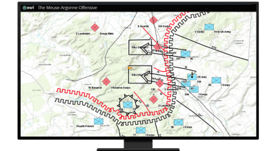 A graphic of a computer monitor displaying a contour map with routes and structures marked and labeled in red, blue, and black