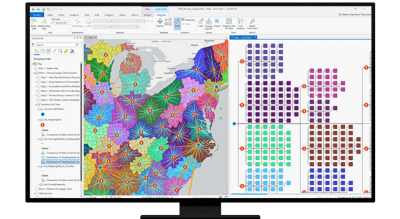 A graphic of a computer monitor displaying a map with areas shaded different colors, with a legend on the side and a bar at the top with analysis options