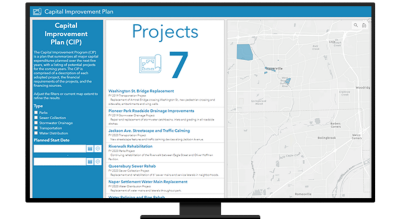 A desktop computer with a Capital improvement plan web page open showing seven projects happening and a map of where they are located