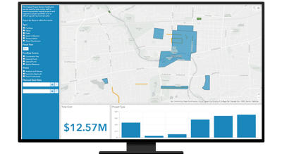 A desktop computer map highlighting an area in blue and a bar graph underneath it with a total cost of $12.57M displaying