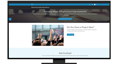 A desktop computer showing a webpage titled “Planning Major Infrastructure Improvements” and calls to action for the public to get involved