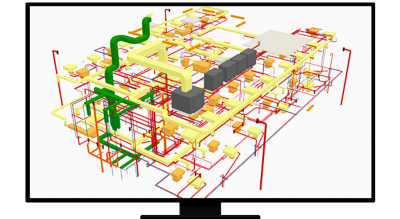 Graphic of a computer monitor displaying a complex geometric model of interconnected pipes and wires in red, yellow, and green