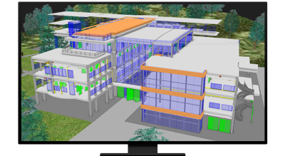 Graphic of a computer monitor displaying a 3D model of an office building in white and purple on a green tree-filled background