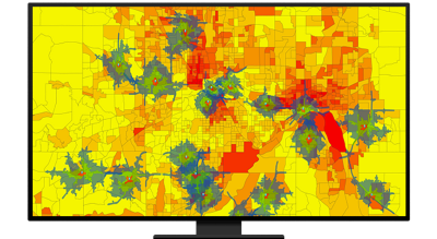 Graphic of a computer monitor displaying a yellow and red heat map with scattered patches of blue and green