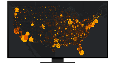 Graphic of a computer monitor displaying a concentration map of the U.S. with clusters shown in yellow and orange