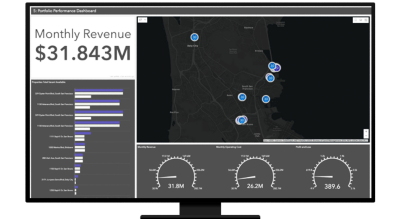 Graphic of a computer monitor displaying a map dashboard in gray and white
