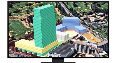 Graphic of a computer monitor displaying a 3D rendering of a possible high-rise development in a suburban area