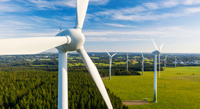 Wind turbines in a green field on the edge of a forest