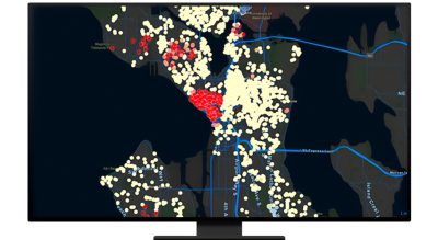 A graphic of a computer monitor displaying a density map in red and white on a black background
