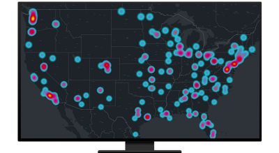 A graphic of a computer monitor displaying a heat map in pink and blue on a black background