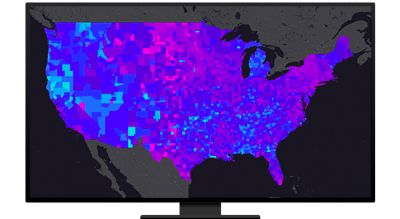 A graphic of a computer monitor displaying a map of North America in blue and purple on a black background