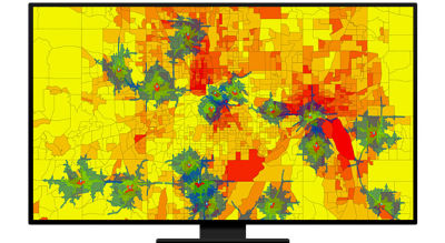 A graphic of a computer monitor displaying areas on a map colored in blue and red on a yellow background