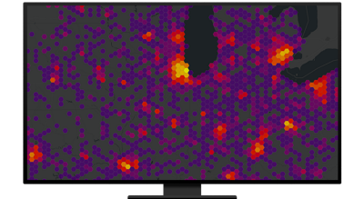 A graphic of a computer monitor displaying an abstract heat map in red and yellow on a purple background
