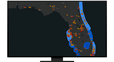 A concentration map of Florida in yellow and red on a gray background