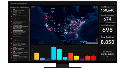 A graphic of a computer monitor displaying a map dashboard with a concentration map, a bar graph, and various data