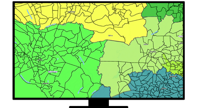 A graphic of a computer monitor displaying a regional map with different areas shaded in green, yellow, and blue