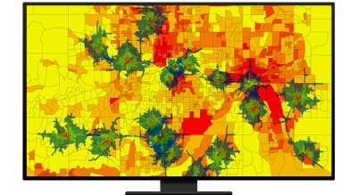 A graphic of a computer monitor displaying a hazard zone map in red, green, and blue on a yellow background