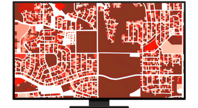 A graphic of a computer monitor displaying a city street map in white on dark red and pink