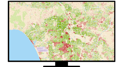 A graphic of a computer monitor displaying a country address map in green and red
