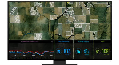 A graphic of a computer monitor displaying a map dashboard with a map of green farmland, a graph, and vegetation statistics