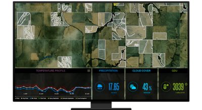 A graphic of a computer monitor displaying a map dashboard which includes a map of green farmland, a line graph, and several statistics