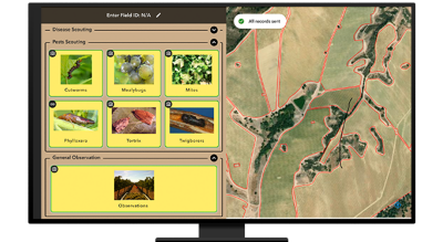 A graphic of a computer monitor displaying a map of green and brown farmland, alongside tables of local pest data