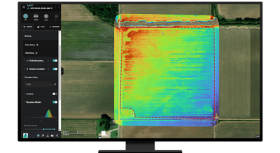 A graphic of a computer monitor displaying a map of brown and green farmland with an overlay of multicolored heat map data 