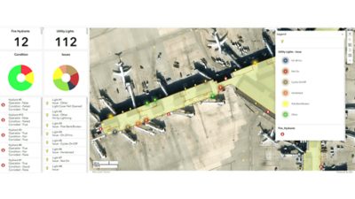 A digital dashboard displays an aerial view of an airport terminal with multiple airplanes parked at gates.