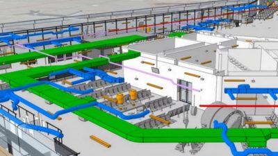 A detailed 3D building information model shows the interior infrastructure of an airport terminal.