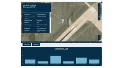 A digital dashboard interface displays an aerial map of an airport runway with a pinpoint marking a discrepancy location.