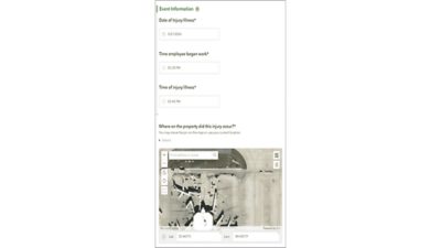 Digital form interface captures details about an injury or illness event. 